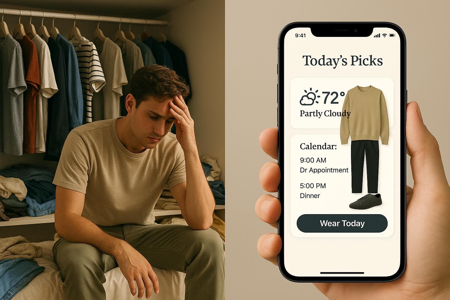 Split screen showing the struggle of choosing outfits vs organized wardrobe with RISE